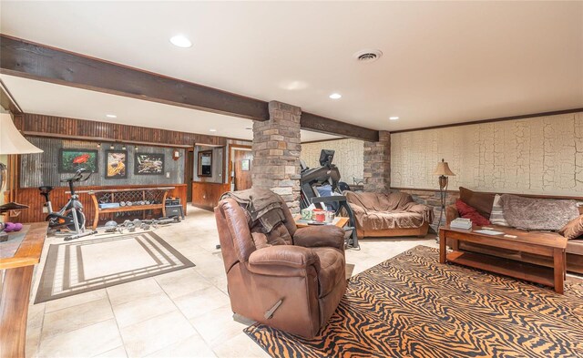 10010 Edmondson Hills Dr, Rolla, MO 65401 - living area with ornate columns, recessed lighting, wallpapered walls, beamed ceiling, and wooden walls