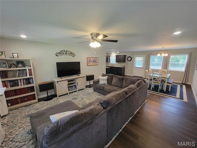 301 S Sloan St, Lebanon, MO 65536 - living room featuring wood finished floors, a chandelier, baseboards, a ceiling fan, and recessed lighting