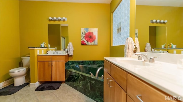 bathroom with toilet, two vanities, tile patterned flooring, and a bath