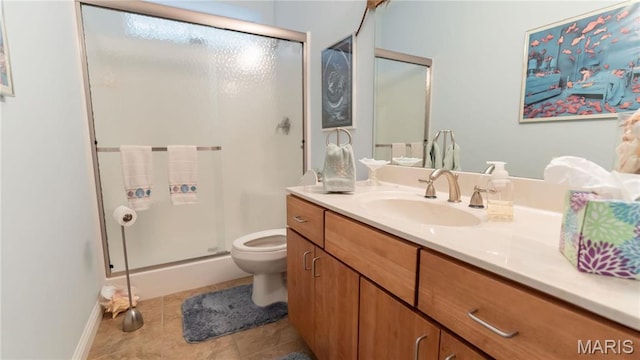 full bath featuring a shower stall, vanity, tile patterned flooring, and toilet