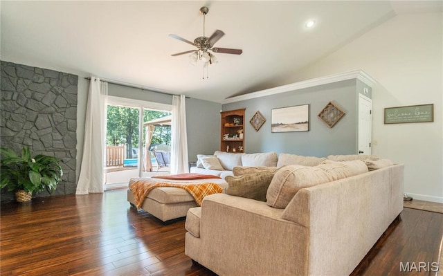 382 Christina Ln, Poplar Bluff, MO 63901 - living area with a ceiling fan, dark wood-style floors, and high vaulted ceiling