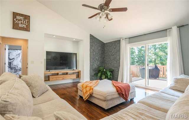 382 Christina Ln, Poplar Bluff, MO 63901 - living room featuring wood finished floors, a ceiling fan, and high vaulted ceiling