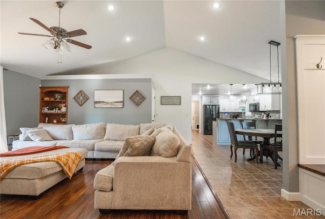 382 Christina Ln, Poplar Bluff, MO 63901 - living area with a ceiling fan, dark wood-style flooring, recessed lighting, and high vaulted ceiling