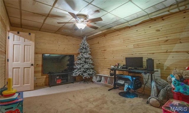 382 Christina Ln, Poplar Bluff, MO 63901 - carpeted home office featuring wooden walls, a ceiling fan, and a paneled ceiling