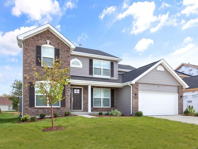 view of front of home featuring brick siding, an attached garage, driveway, and a front lawn