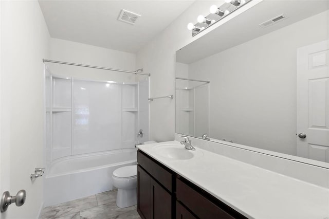 bathroom featuring toilet, vanity, tub / shower combination, and marble look tile flooring