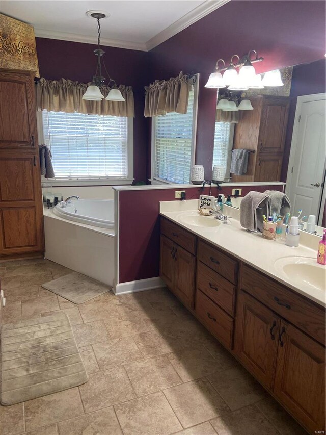full bath featuring plenty of natural light, double vanity, a bath, crown molding, and stone finish flooring
