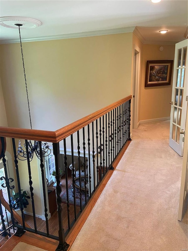 hall with ornamental molding, baseboards, and wood finished floors
