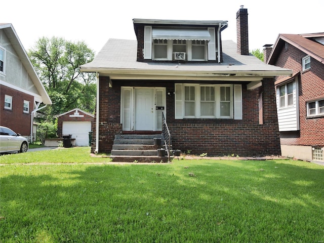 7210 Normandy Pl, Saint Louis, MO 63121 - bungalow-style house with a chimney, entry steps, a detached garage, brick siding, and a front lawn