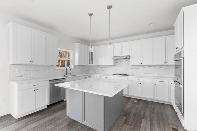 2438 Chukka Dr, Eureka, MO 63025 - kitchen with appliances with stainless steel finishes, a sink, under cabinet range hood, dark wood-style floors, and white cabinets