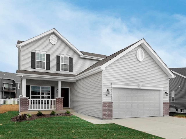 305 Winding Bluffs Ct, Fenton, MO 63026 - view of front facade featuring brick siding, a porch, an attached garage, driveway, and a front lawn