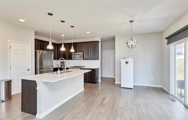 120 Kelcross, Wentzville, MO 63385 - kitchen with stainless steel appliances, a sink, dark brown cabinets, tasteful backsplash, and light wood finished floors