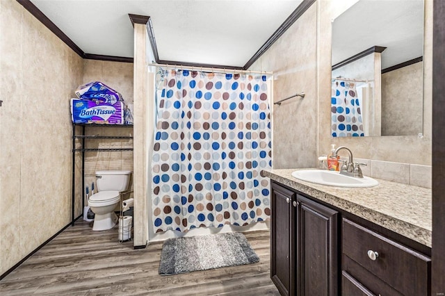4002 County Road 20, Belleview, MO 63623 - bathroom with ornamental molding, wood finished floors, toilet, curtained shower, and vanity