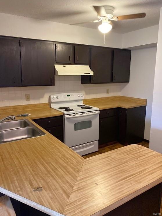 kitchen featuring white electric stove, under cabinet range hood, a sink, a ceiling fan, and light countertops