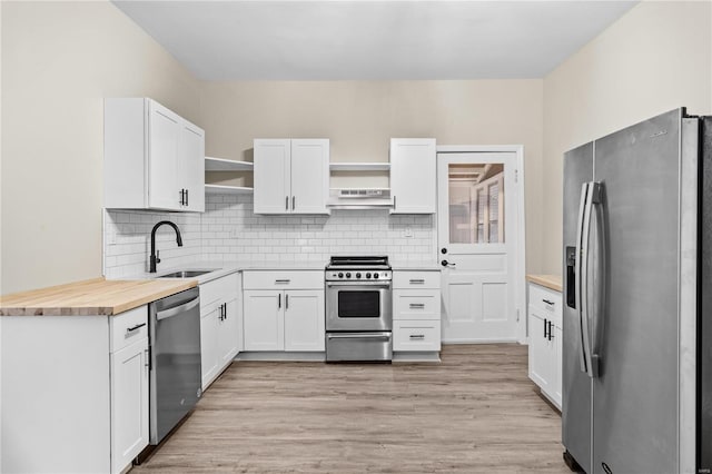 4634 Tyrolean Ave, Saint Louis, MO 63116 - kitchen with stainless steel appliances, open shelves, a sink, under cabinet range hood, and backsplash