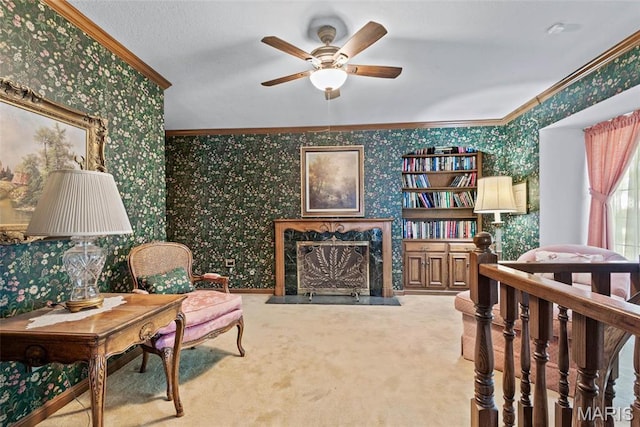 3112 Parkview Dr, Granite City, IL 62040 - carpeted bedroom with wallpapered walls, ornamental molding, and a fireplace