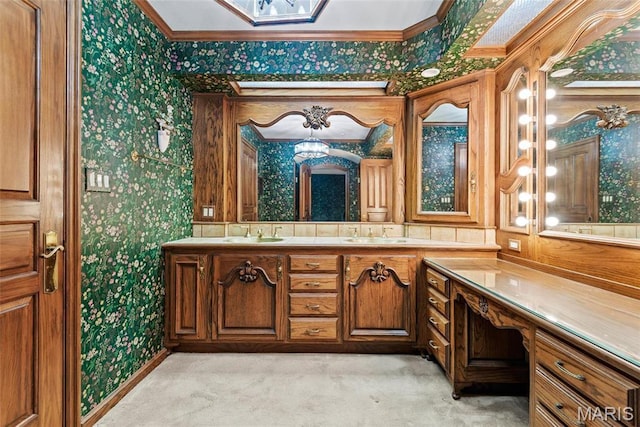 3112 Parkview Dr, Granite City, IL 62040 - bathroom with wallpapered walls, double vanity, and crown molding