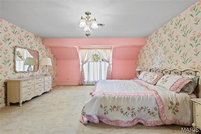3112 Parkview Dr, Granite City, IL 62040 - carpeted bedroom featuring wallpapered walls, a chandelier, and lofted ceiling