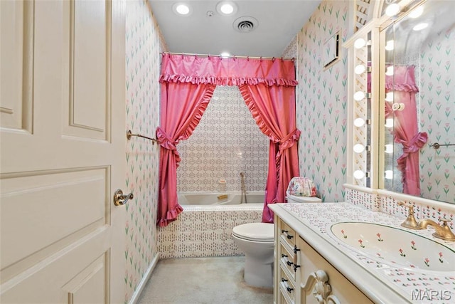 3112 Parkview Dr, Granite City, IL 62040 - bathroom with wallpapered walls, vanity, tiled shower / bath, and recessed lighting