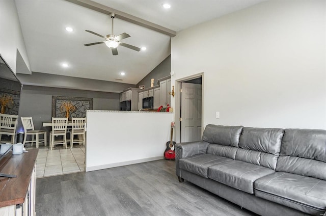 114 Mayson Ln, Poplar Bluff, MO 63901 - living room with a ceiling fan, beamed ceiling, wood finished floors, high vaulted ceiling, and recessed lighting