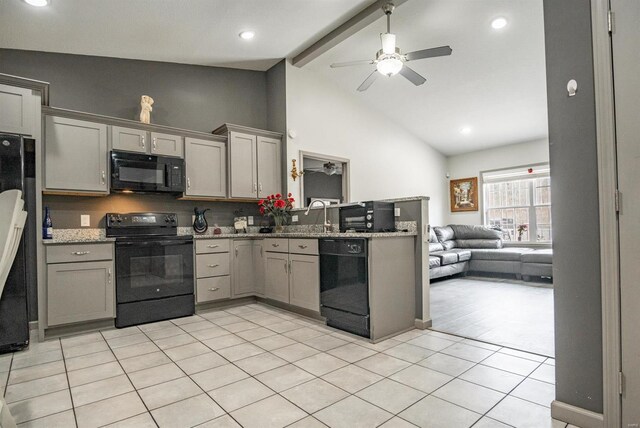 114 Mayson Ln, Poplar Bluff, MO 63901 - kitchen featuring black appliances, gray cabinetry, open floor plan, beam ceiling, and ceiling fan