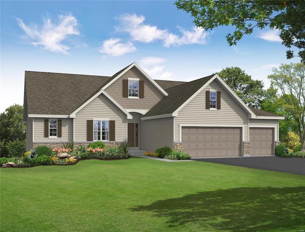 view of front of property featuring stone siding, asphalt driveway, a front lawn, and a shingled roof