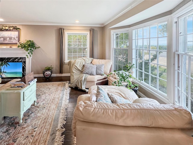 520 N Main St, Louisiana, MO 63353 - living room featuring wood finished floors, baseboards, ornamental molding, and recessed lighting