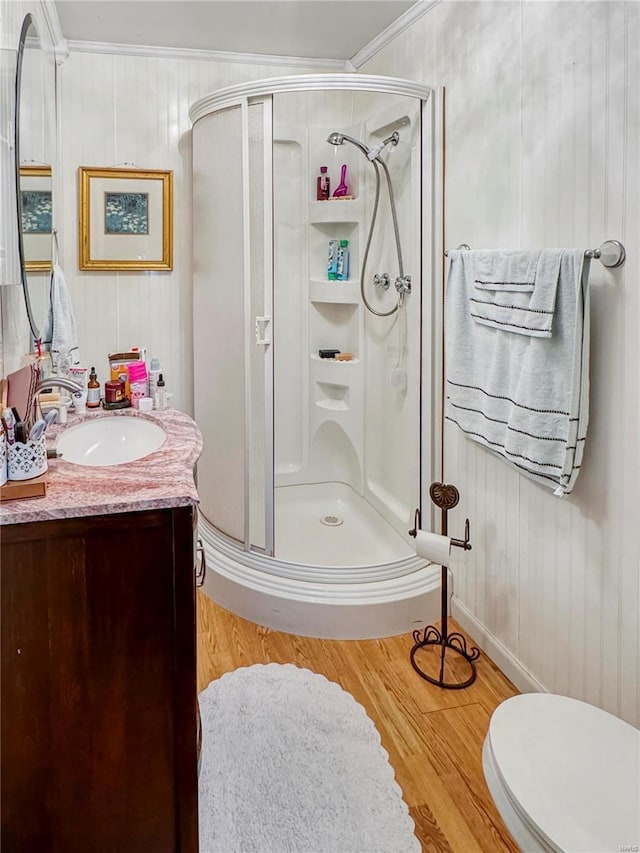 520 N Main St, Louisiana, MO 63353 - full bath featuring a stall shower, vanity, wood finished floors, and toilet