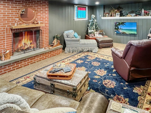 520 N Main St, Louisiana, MO 63353 - living area with a brick fireplace and carpet flooring