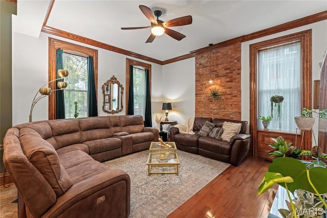 3623 Ohio Ave, Saint Louis, MO 63118 - living area with a ceiling fan, hardwood / wood-style flooring, and ornamental molding