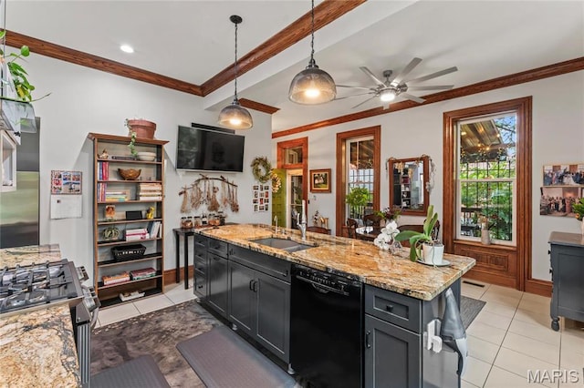 3623 Ohio Ave, Saint Louis, MO 63118 - kitchen with appliances with stainless steel finishes, light tile patterned floors, light stone countertops, a ceiling fan, and ornamental molding