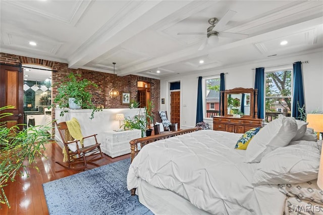 3623 Ohio Ave, Saint Louis, MO 63118 - bedroom with attic access, wood finished floors, beamed ceiling, recessed lighting, and access to outside