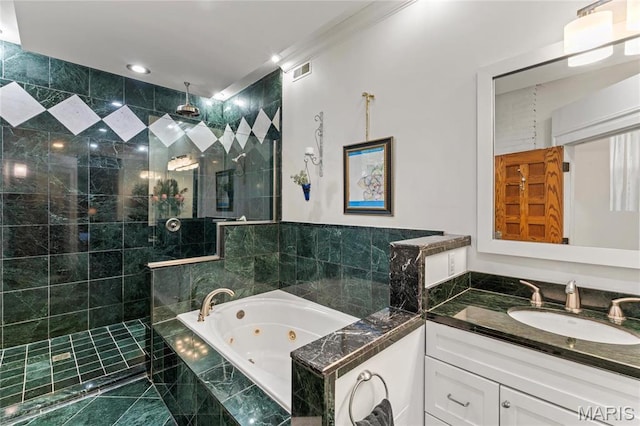 3623 Ohio Ave, Saint Louis, MO 63118 - full bathroom with a jetted tub, walk in shower, vanity, and crown molding