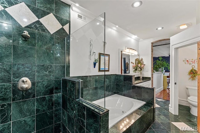 3623 Ohio Ave, Saint Louis, MO 63118 - bathroom with ornamental molding, a garden tub, walk in shower, and recessed lighting