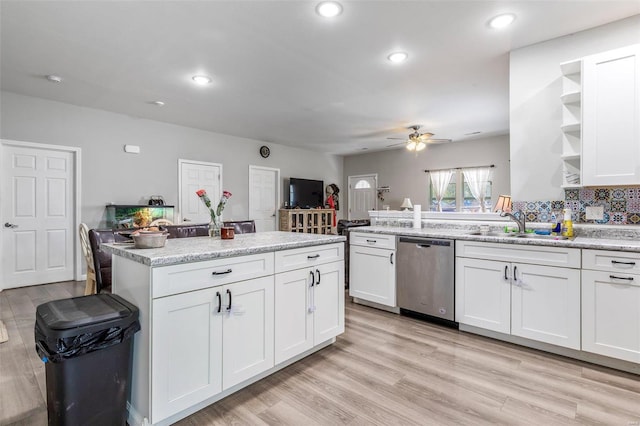 310 Crane St, Park Hills, MO 63601 - kitchen featuring stainless steel dishwasher, open shelves, ceiling fan, a sink, and white cabinetry