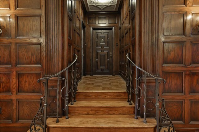 stairs with wooden walls