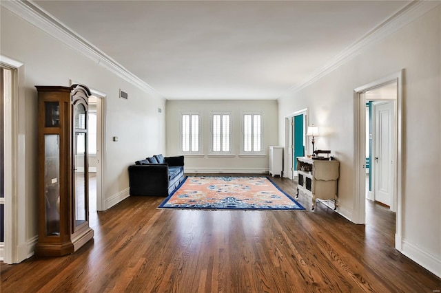 living area featuring plenty of natural light, dark wood-style floors, crown molding, and baseboards