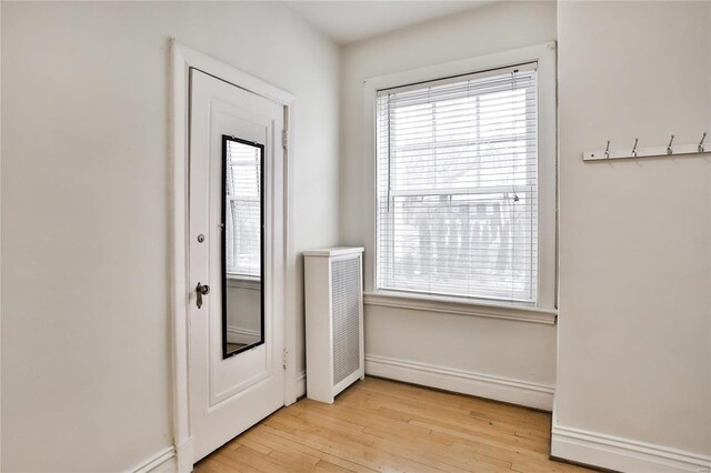 doorway to outside featuring plenty of natural light, light wood finished floors, and baseboards