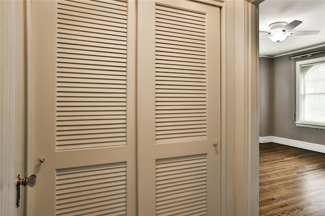 detailed view of baseboards, wood finished floors, ornamental molding, and ceiling fan