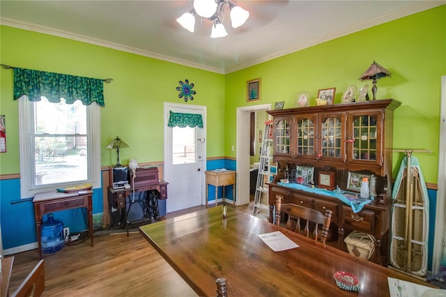 202 4th St, Carrollton, IL 62016 - home office featuring a ceiling fan, wood finished floors, crown molding, and baseboards