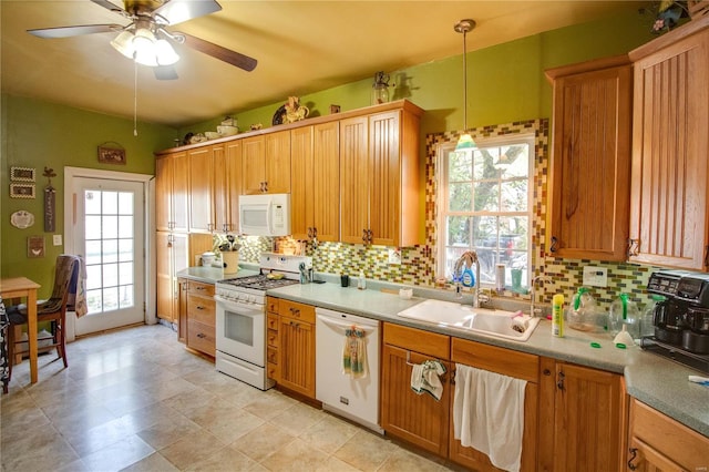 202 4th St, Carrollton, IL 62016 - kitchen with white appliances, a sink, ceiling fan, backsplash, and pendant lighting
