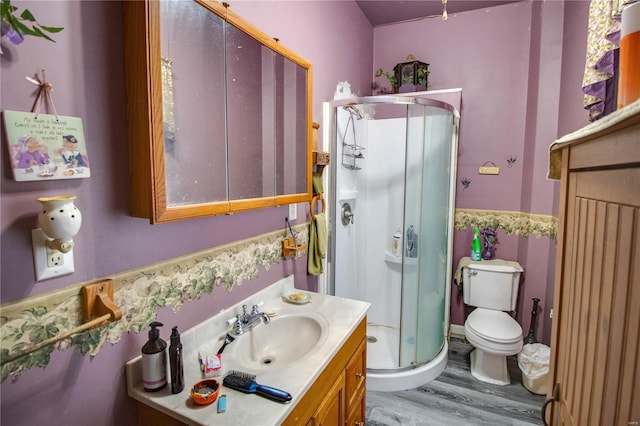 202 4th St, Carrollton, IL 62016 - bathroom with vanity, a shower stall, wood finished floors, toilet, and wainscoting