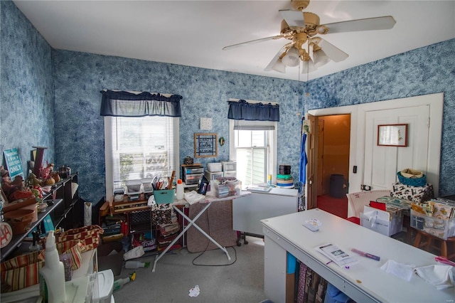 202 4th St, Carrollton, IL 62016 - office area featuring ceiling fan and wallpapered walls