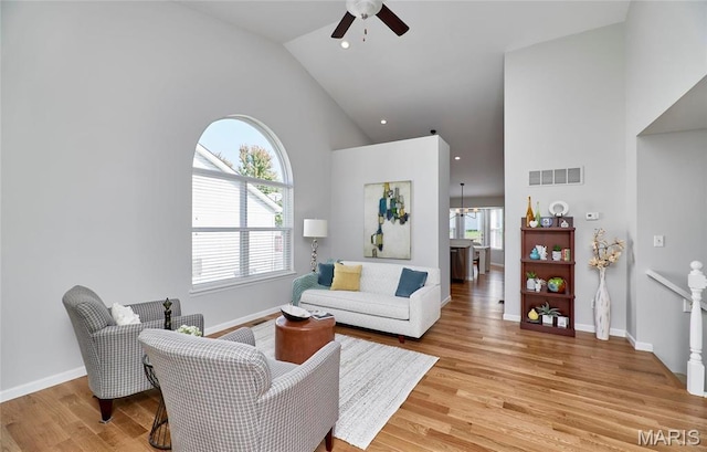 1538 Cattail Way, Saint Charles, MO 63303 - living room featuring ceiling fan, light wood-style flooring, baseboards, high vaulted ceiling, and recessed lighting