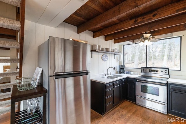 682 Shadow Lake Circle Dr, Innsbrook, MO 63390 - kitchen with appliances with stainless steel finishes, a sink, wood finished floors, light countertops, and wood ceiling