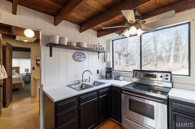 682 Shadow Lake Circle Dr, Innsbrook, MO 63390 - kitchen with stainless steel electric range oven, a sink, wooden ceiling, open shelves, and dark cabinets