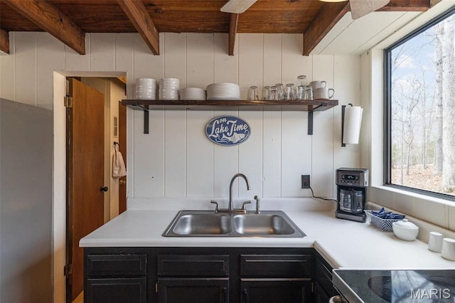 682 Shadow Lake Circle Dr, Innsbrook, MO 63390 - kitchen featuring a sink, beam ceiling, dark cabinets, wooden ceiling, and plenty of natural light