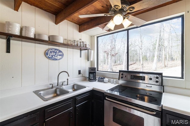 682 Shadow Lake Circle Dr, Innsbrook, MO 63390 - kitchen with electric range, open shelves, a sink, wooden ceiling, and dark cabinetry