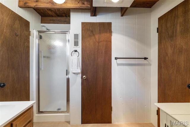 682 Shadow Lake Circle Dr, Innsbrook, MO 63390 - full bathroom with a stall shower, vanity, and beam ceiling