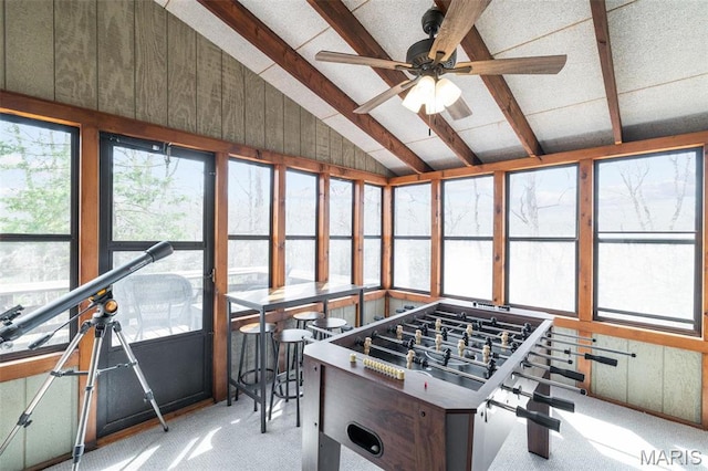 682 Shadow Lake Circle Dr, Innsbrook, MO 63390 - playroom with carpet flooring, ceiling fan, and wood walls